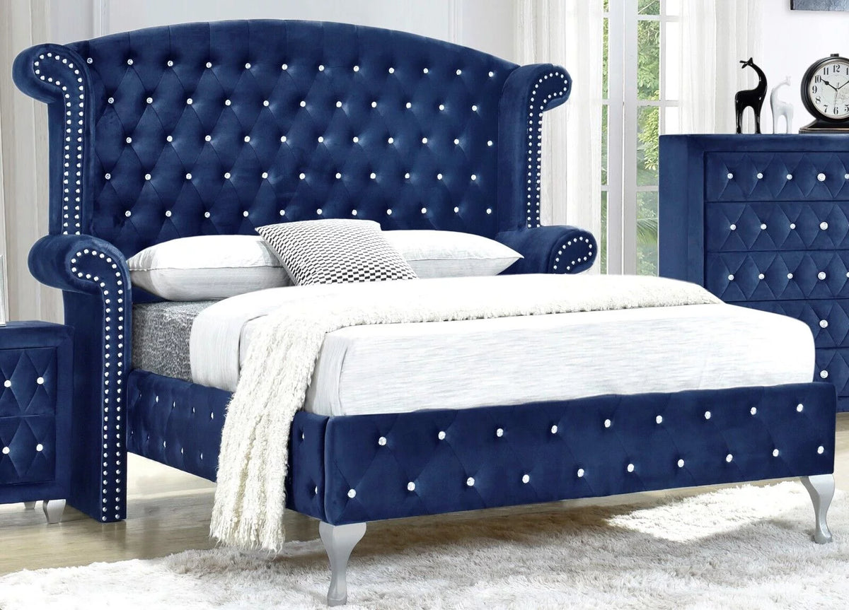 5Pc King Size Bed Dresser Mirror Nightstand Set Blue Velvet R368
