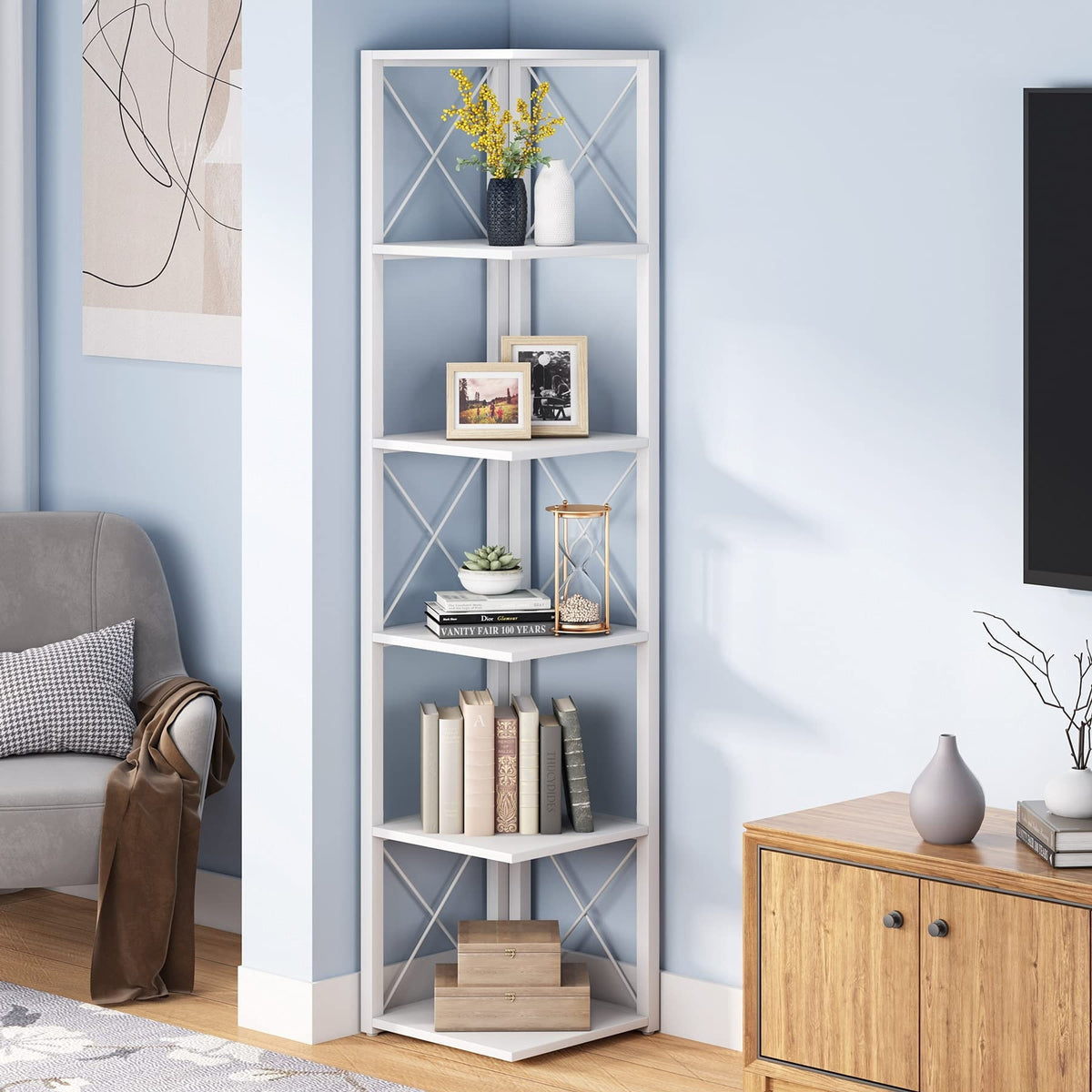 70.8 Inch Tall Brown 6-Tier Corner Bookcase N181415