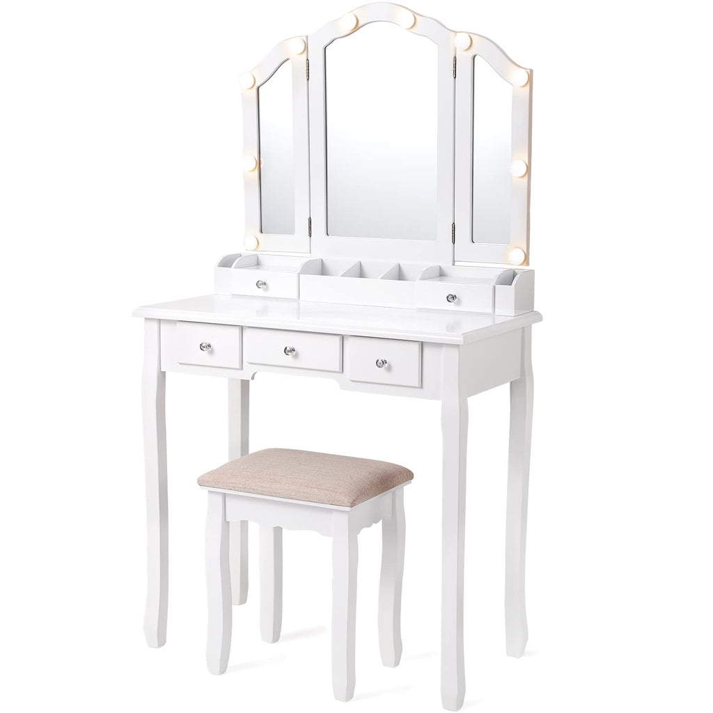 White Makeup Vanity Desk with Mirror and Chair W44415