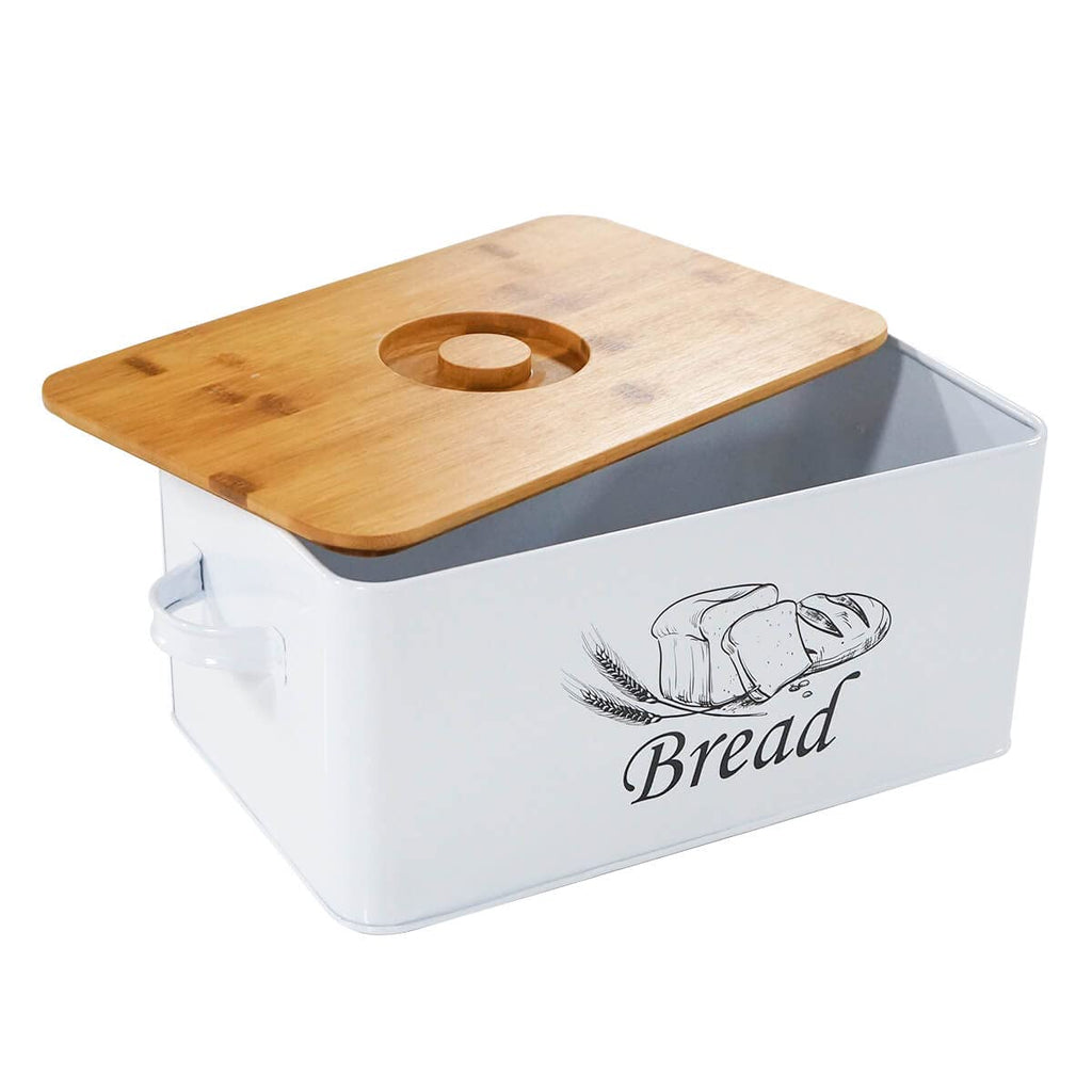 White Metal Bread Box with Bamboo Lid F38807