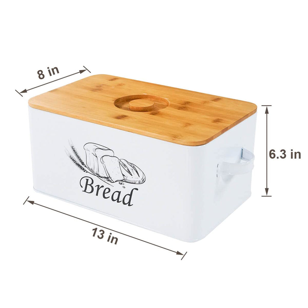 White Metal Bread Box with Bamboo Lid F38807