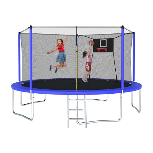 12FT 14FT 15FT 16FT Trampoline with Basketball Hoop, Ladder and Safety Enclosure Net S232869
