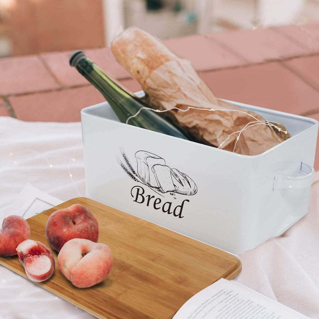 White Metal Bread Box with Bamboo Lid F38807