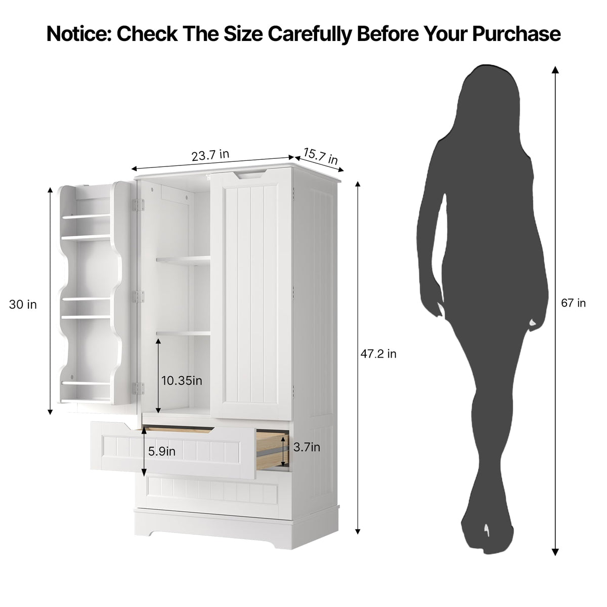 White Pantry Cabinet with 2 Drawers and 6 Door Shelves D3462