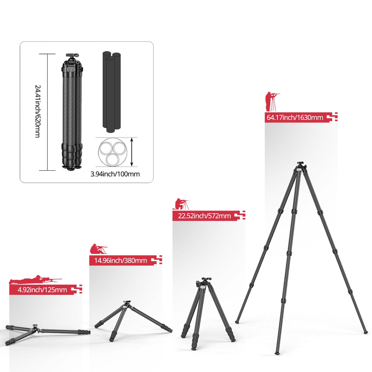 Carbon Fiber Hunting Tripod with Bubble Level and Ball Head K974
