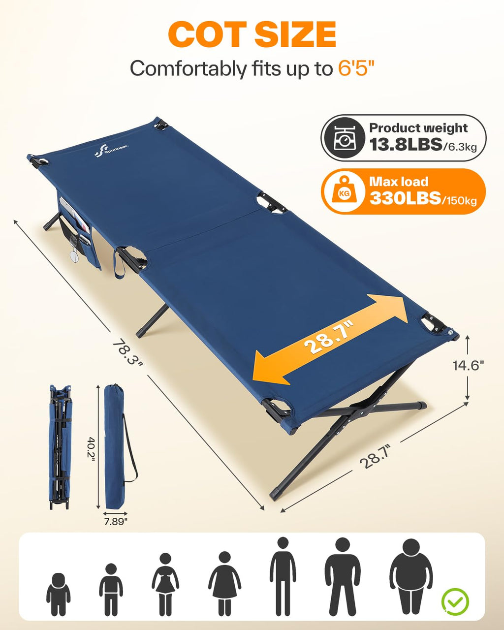 Camping Cot 78.3"x28.7"x14.6" Heavy Duty Folding Bed Support 330 Lbs Q577308