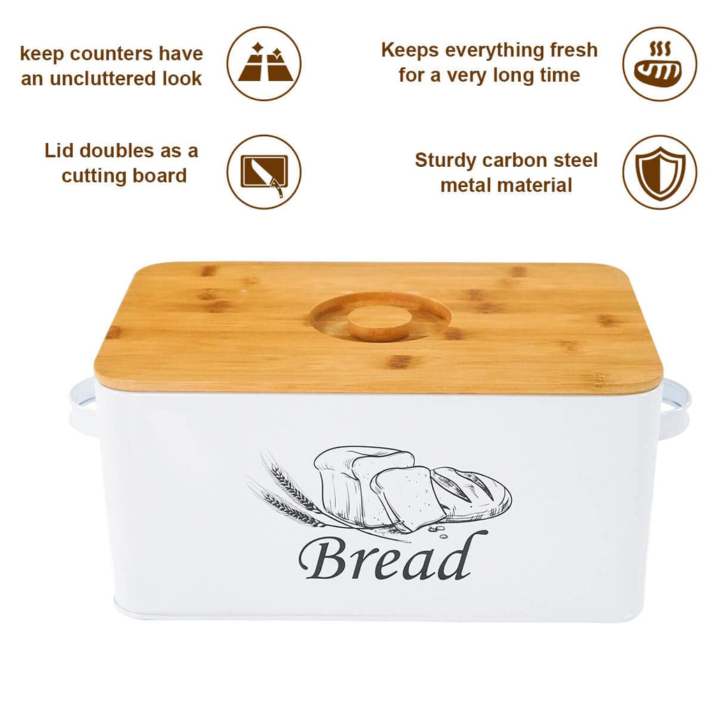 White Metal Bread Box with Bamboo Lid F38807