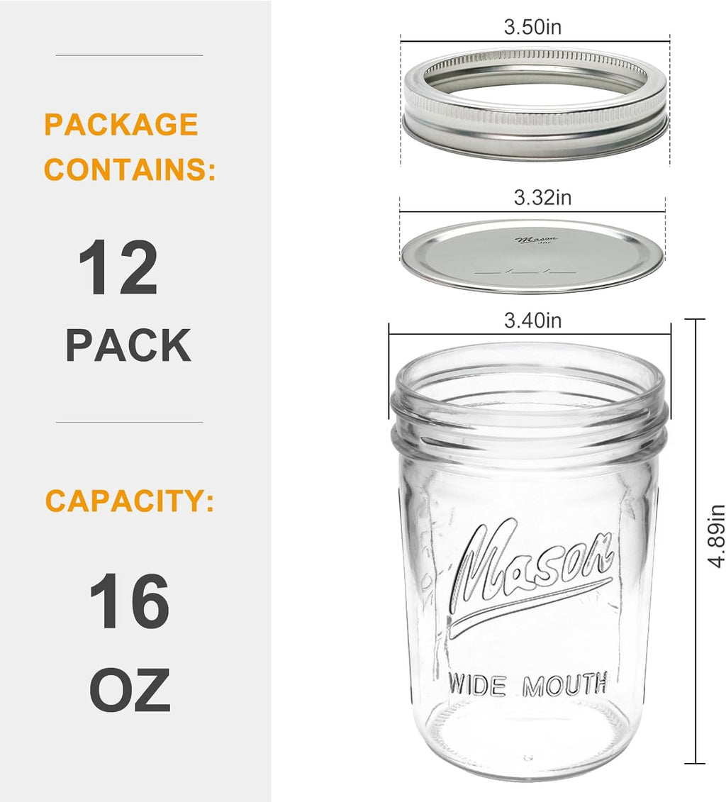 16 oz Glass Mason Jars with Lids 12pcs T532