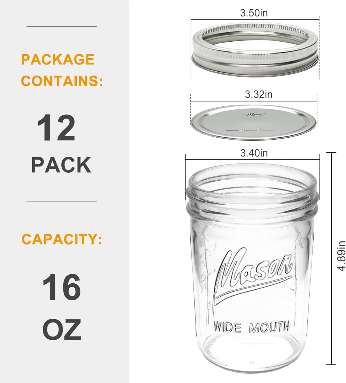 16 oz Glass Mason Jars with Lids 12pcs T532