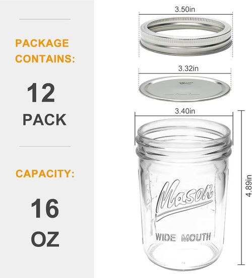16 oz Glass Mason Jars with Lids 12pcs T532