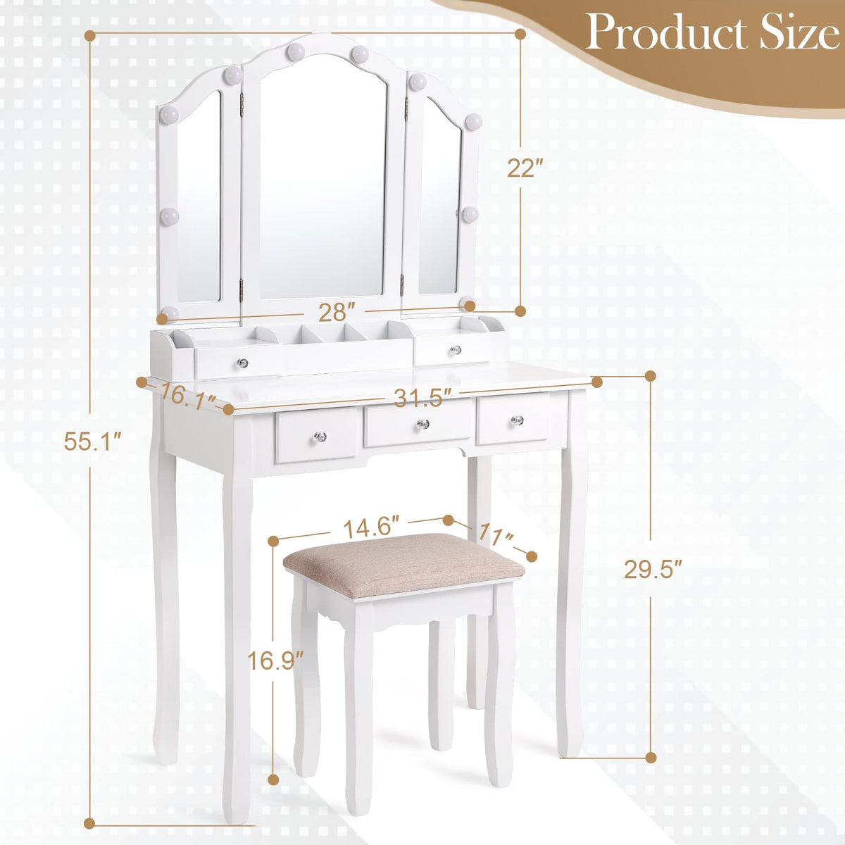White Makeup Vanity Desk with Mirror and Chair W44415