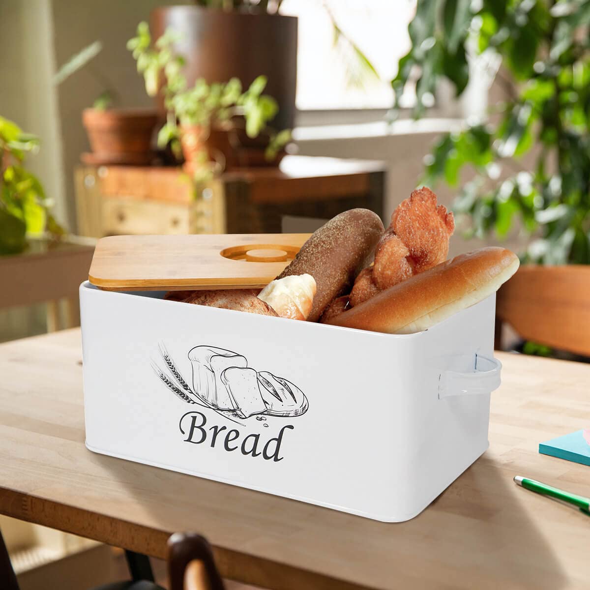 White Metal Bread Box with Bamboo Lid F38807