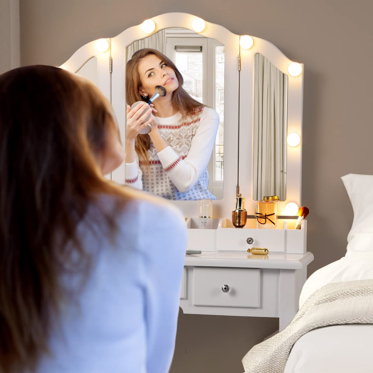 White Makeup Vanity Desk with Mirror and Chair W44415