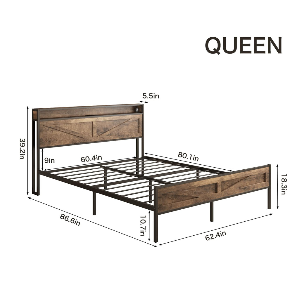 Queen Size LED Metal Platform Bed Frame with Charging Station D9167