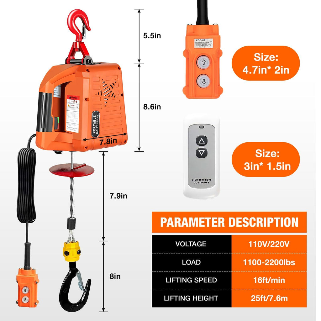 3 in 1 Electric Hoist Winch 2200 lbs 110/120V 25ft V3757
