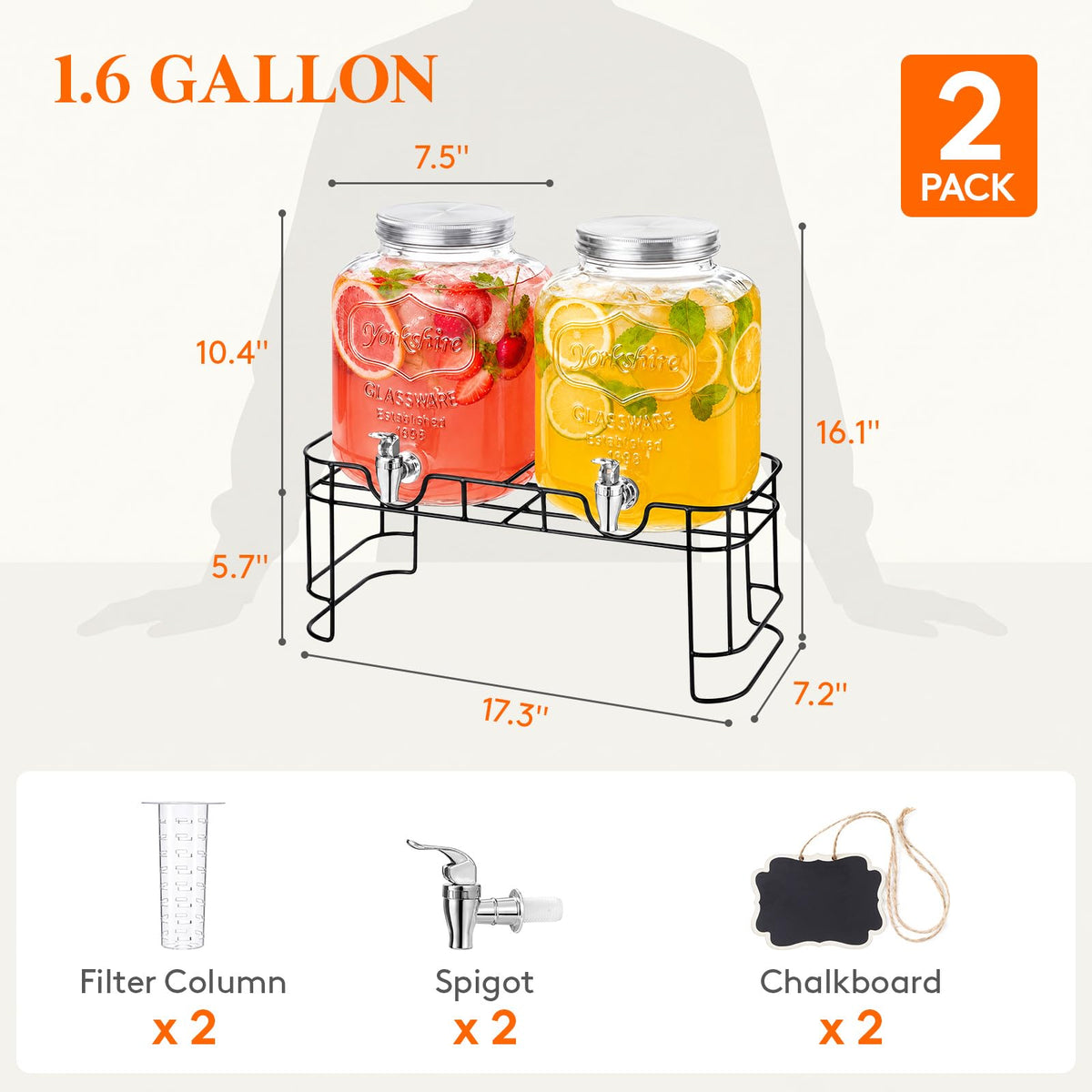 1.6 Gallon Glass Drink Dispenser with Stand & Fruit Infuser 2 Pcs Y476