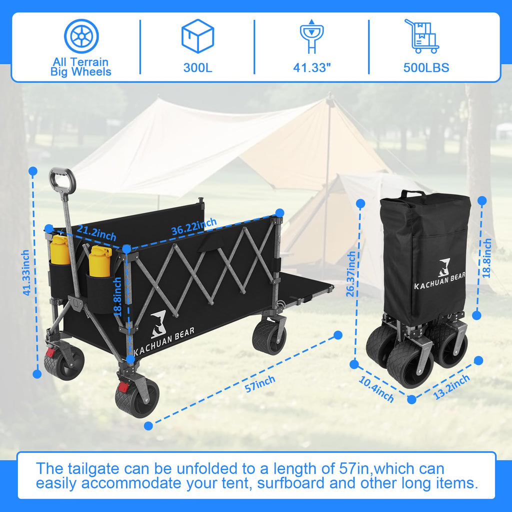 57" L Collapsible Foldable Wagon with Tailgate & Brake, 500LBS Heavy Duty Beach Wagons with All-Terrain Big Wheels, 300L Folding Utility Cart (Black) R711715