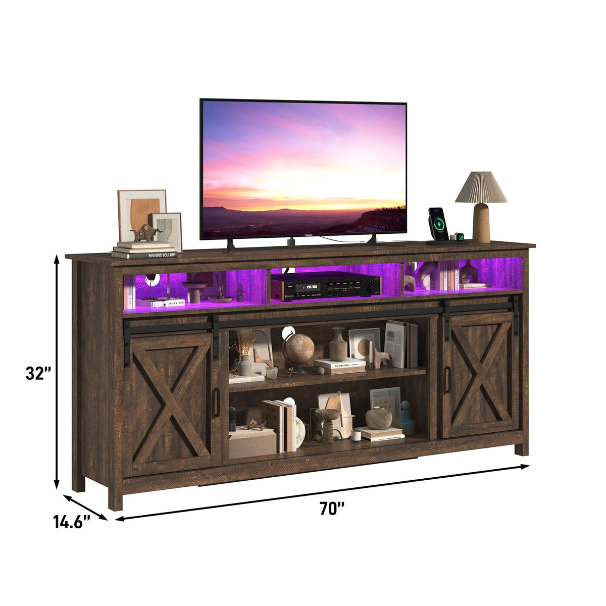 Farmhouse TV Stand with Power Outlet and Sliding Barn Doors A2287