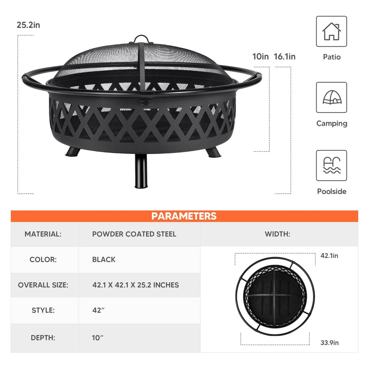 42” Wood Burning Patio Fire Pit with Spark Screen J24822