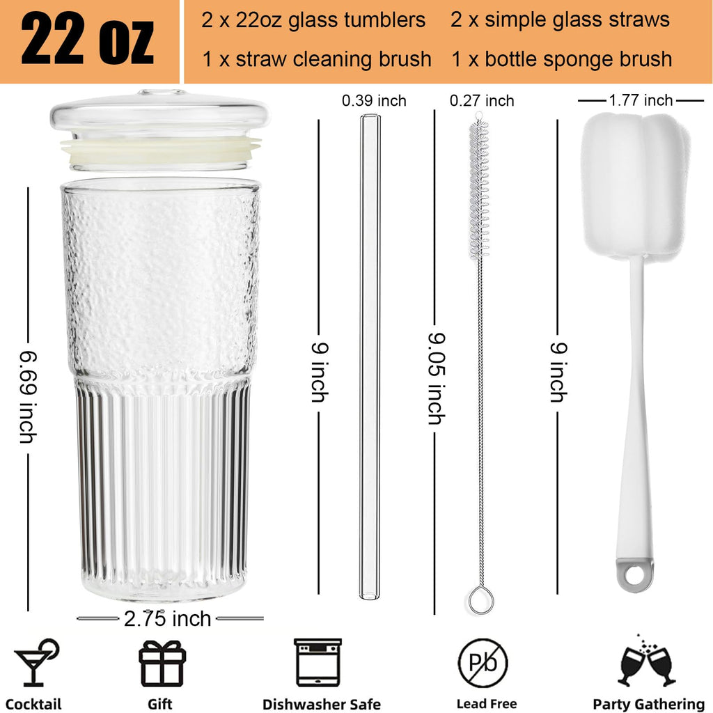 22 oz High Borosilicate Clear Glass Cups with Lids and Straws, Pack of 2 H654