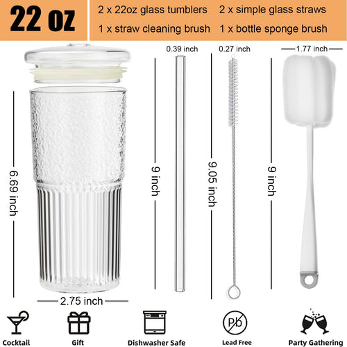 22 oz High Borosilicate Clear Glass Cups with Lids and Straws, Pack of 2 H654