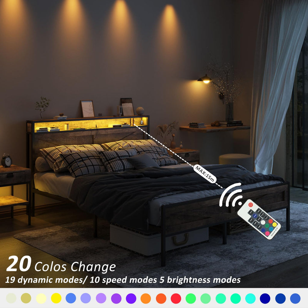 Queen Size LED Metal Platform Bed Frame with Charging Station D9167