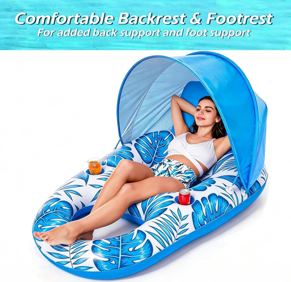 Inflatable Pool Float Lounger with Canopy and Cup Holders S563832