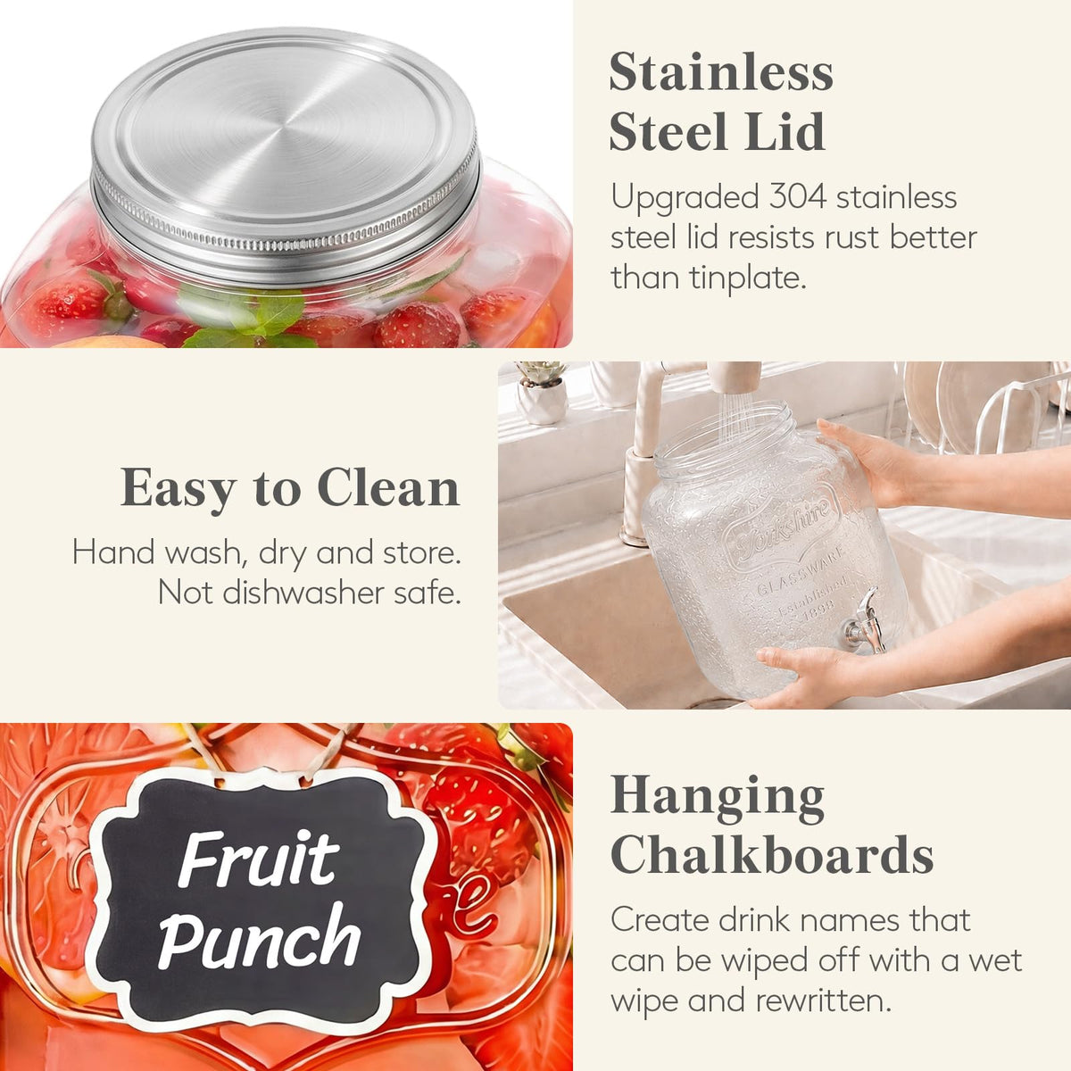 1.6 Gallon Glass Drink Dispenser with Stand & Fruit Infuser 2 Pcs Y476
