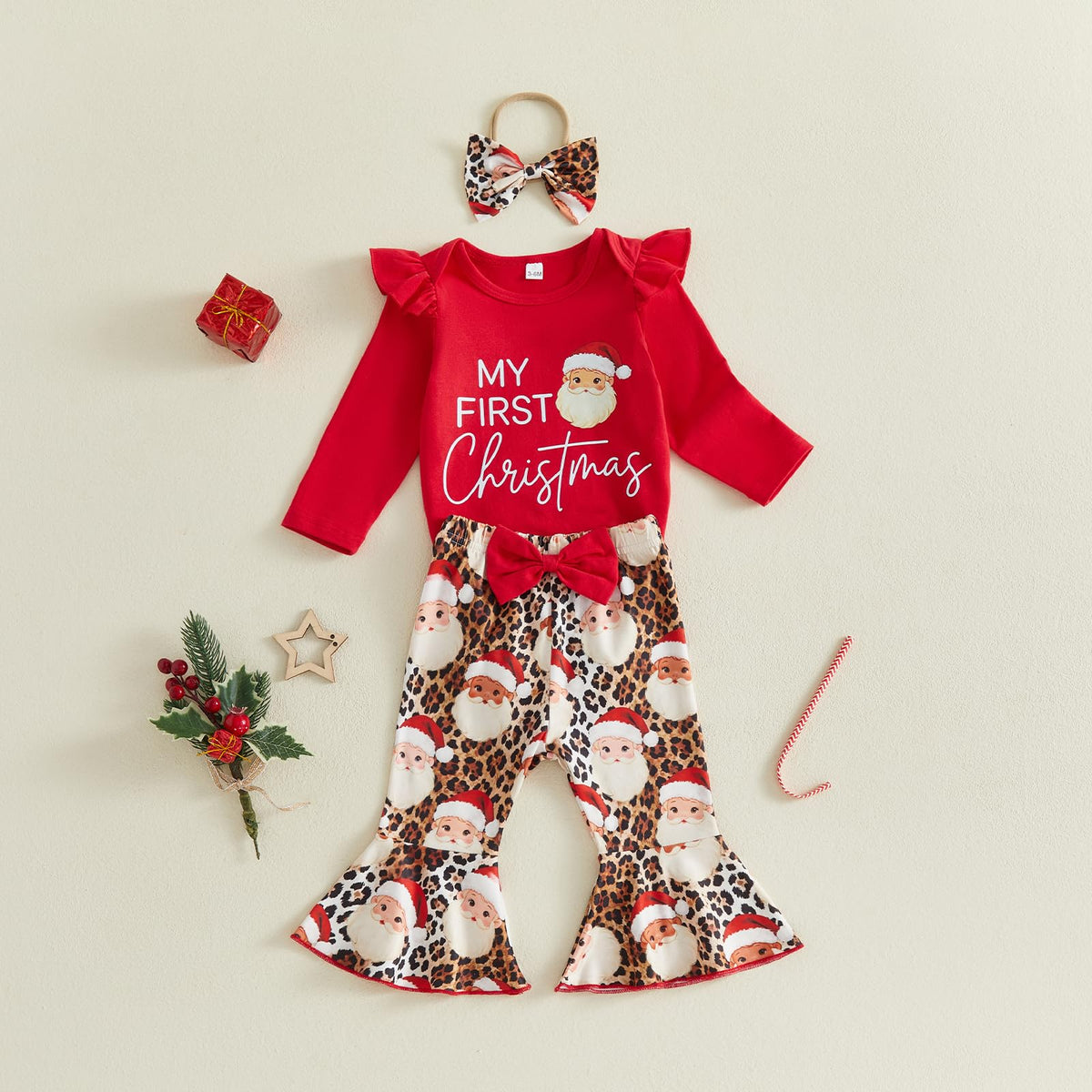 Christmas Baby Girl Outfit Romper Flared Pants Headband H76081