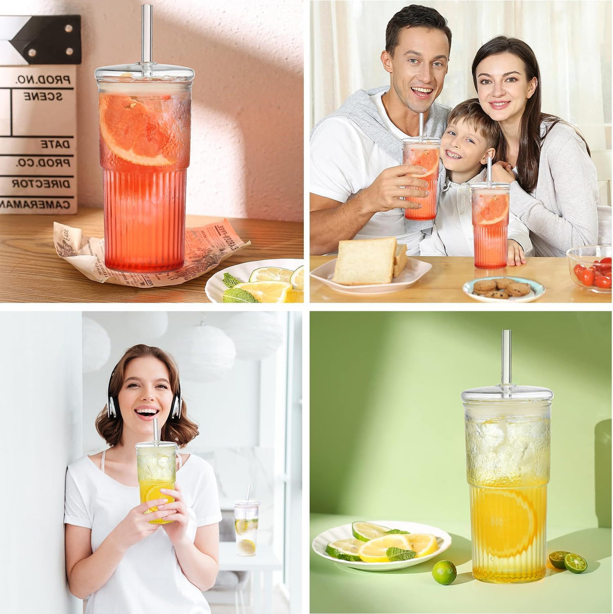 22 oz High Borosilicate Clear Glass Cups with Lids and Straws, Pack of 2 H654