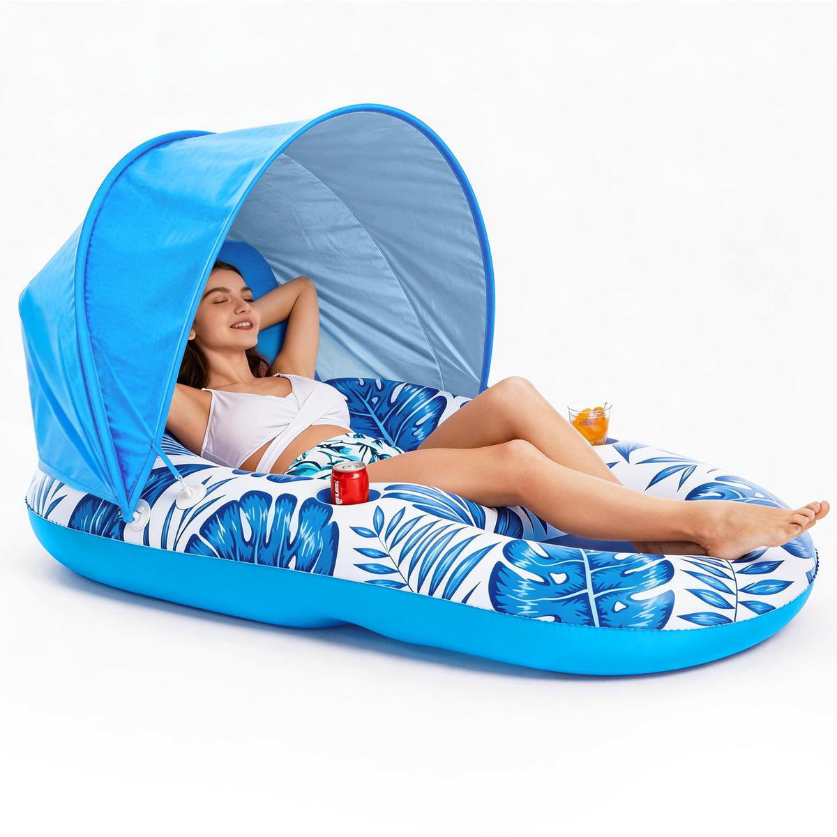 Inflatable Pool Float Lounger with Canopy and Cup Holders S563832