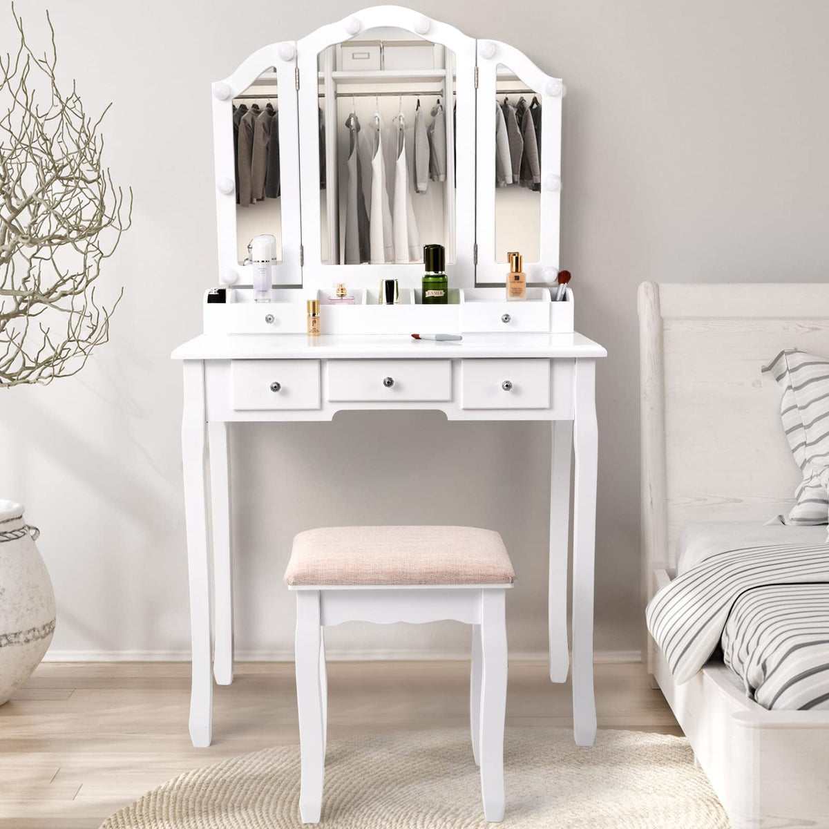 White Makeup Vanity Desk with Mirror and Chair W44415