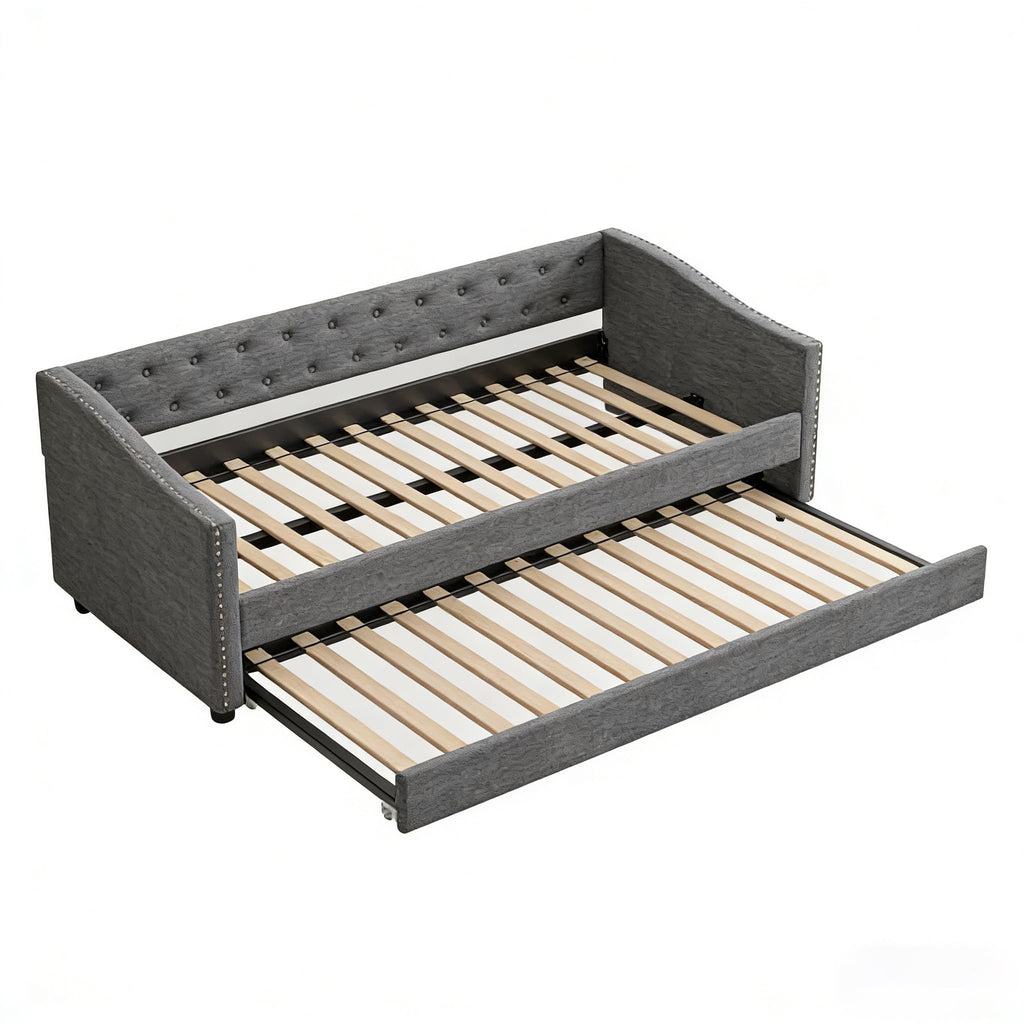 Twin Size Upholstered Daybed Frame with Trundle, Dark Grey O853682