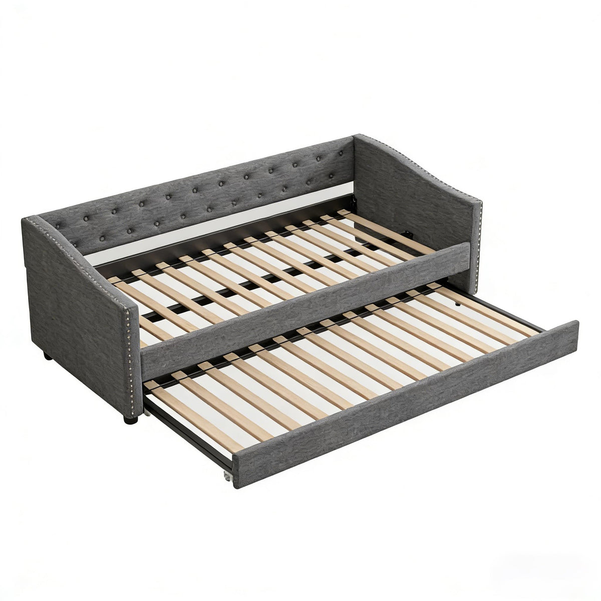 Twin Size Upholstered Daybed Frame with Trundle, Dark Grey O853682