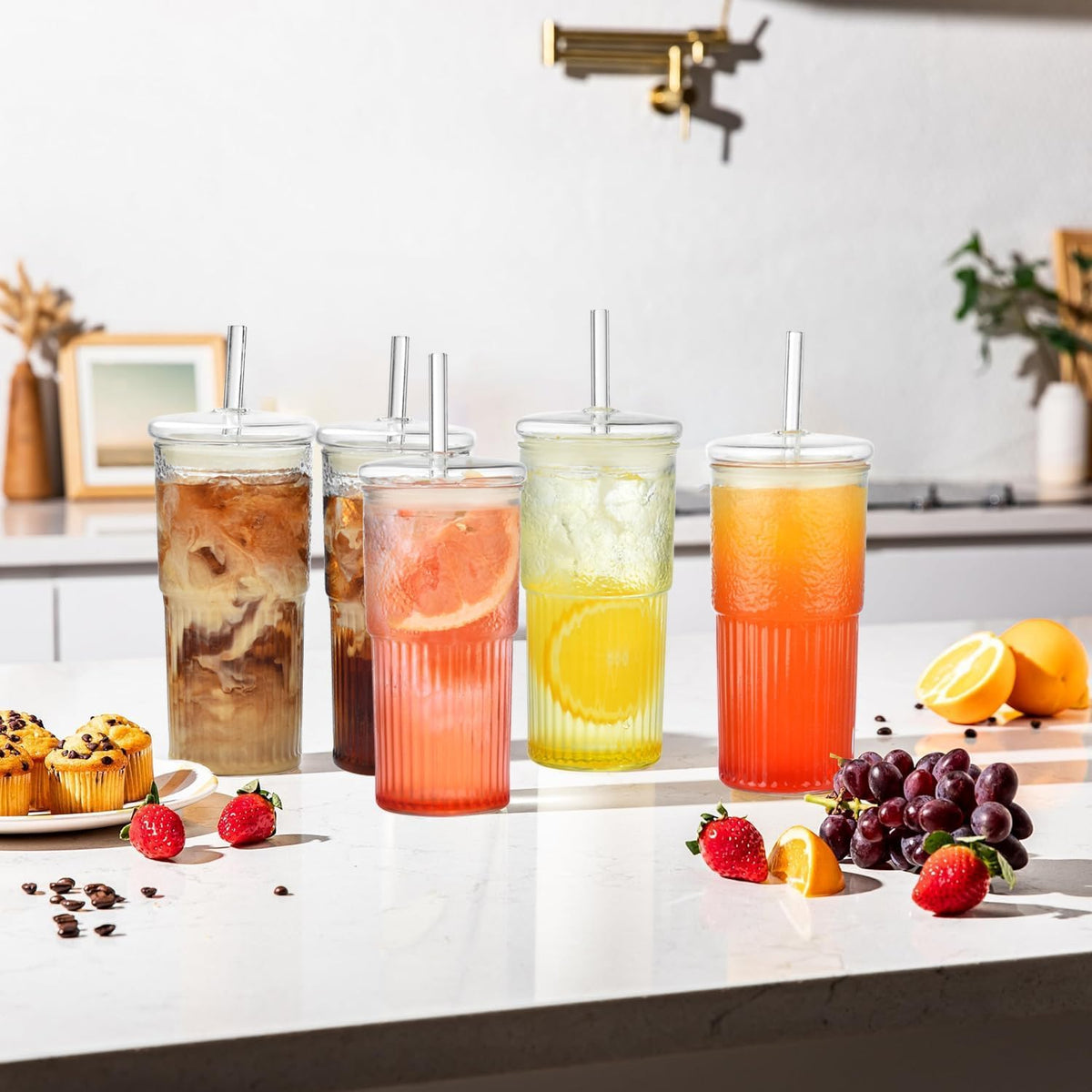 22 oz High Borosilicate Clear Glass Cups with Lids and Straws, Pack of 2 H654