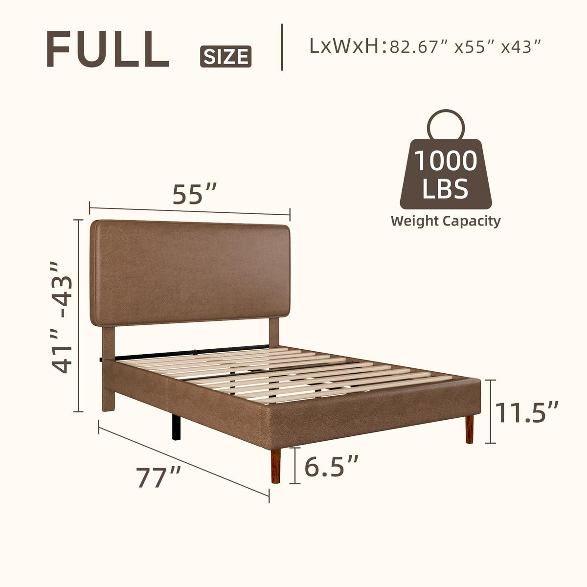 Brown Leather Full Size Platform Bed Frame W299