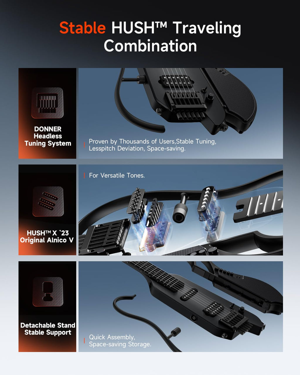 Black Headless Electric Guitar with Detachable Speaker Q135