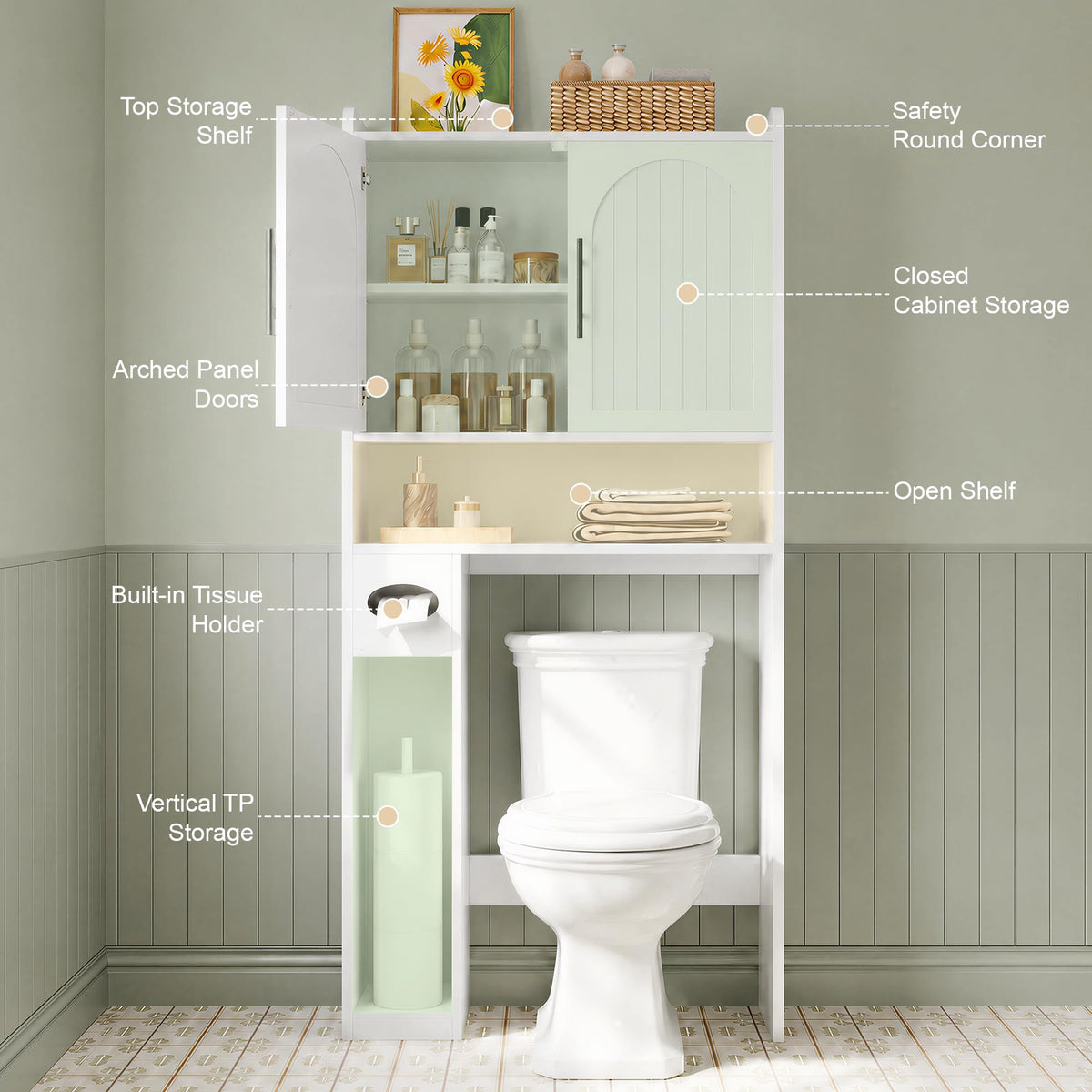 34" Over the Toilet Storage Cabinet with Arched Doors, White N493