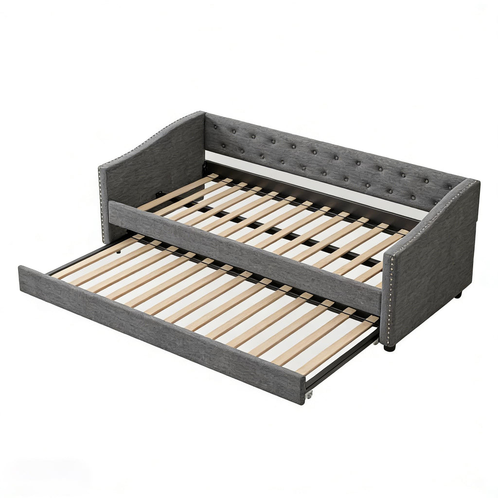 Twin Size Upholstered Daybed Frame with Trundle, Dark Grey O853682