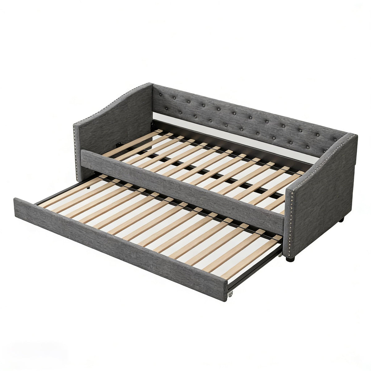 Twin Size Upholstered Daybed Frame with Trundle, Dark Grey O853682