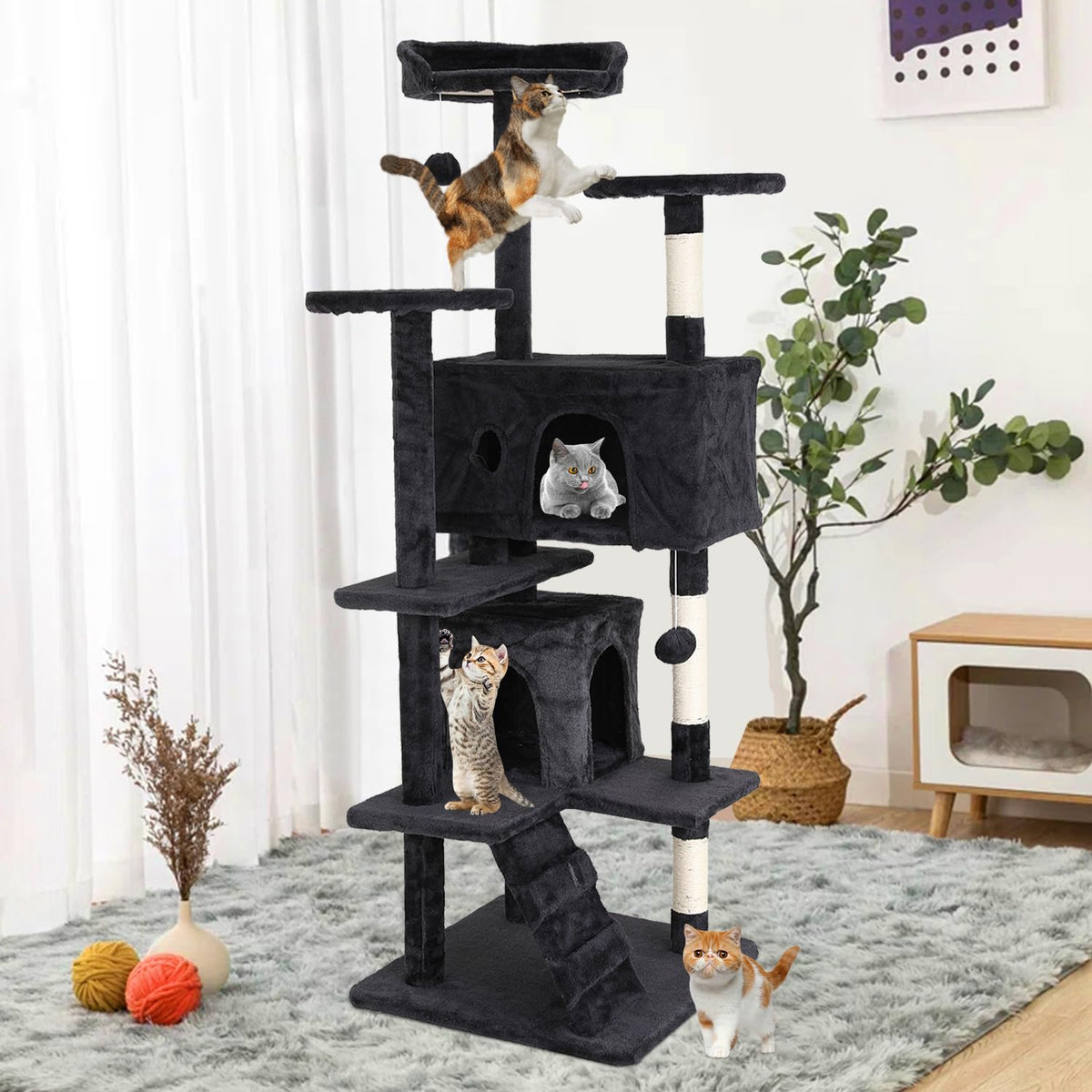 70 Inches Dark Gray Multi-Level Cat Tree with Litter Box Enclosure L87636