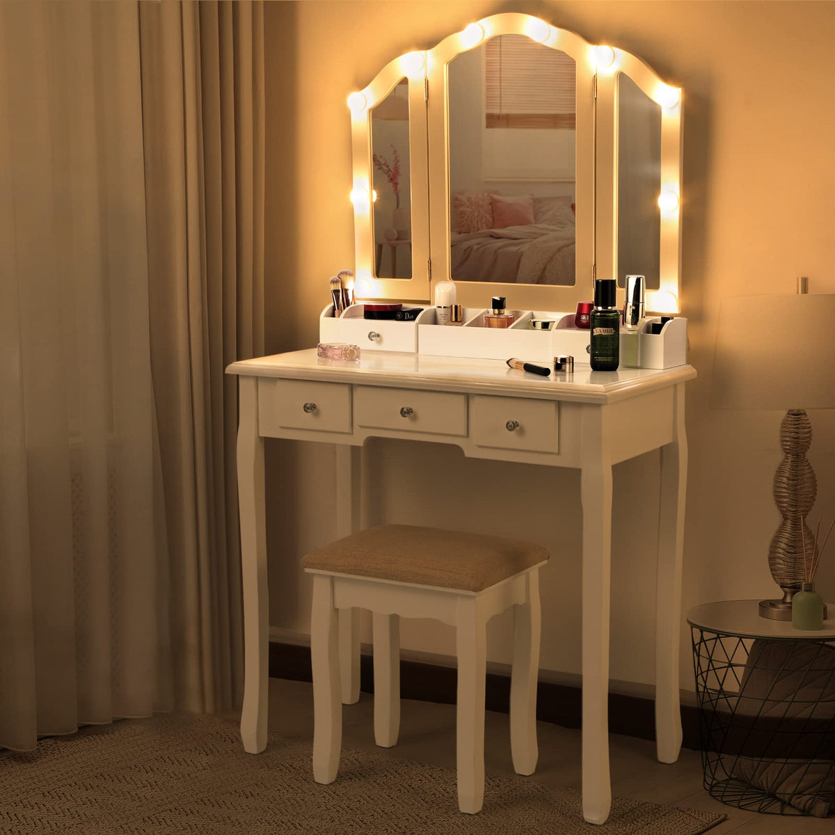 White Makeup Vanity Desk with Mirror and Chair W44415