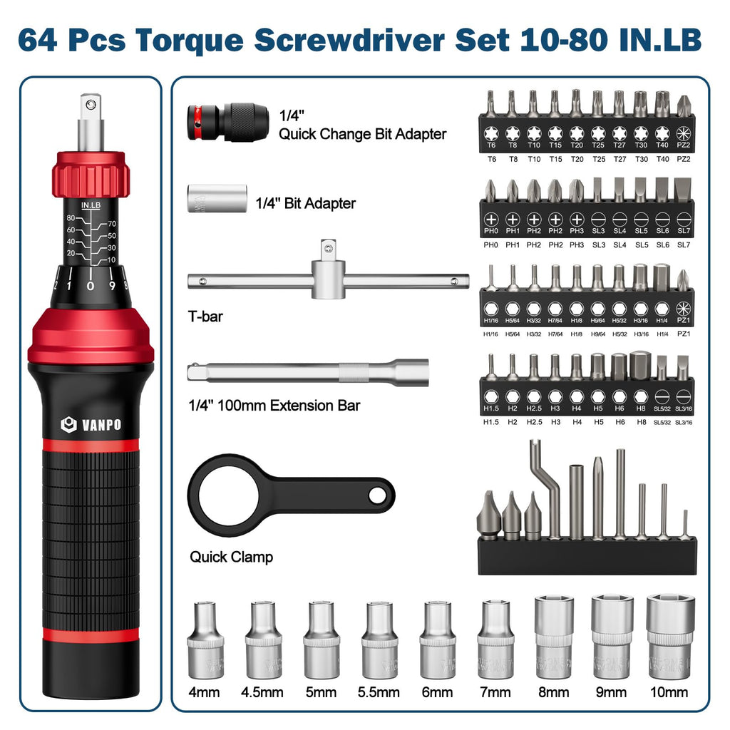 Torque Screwdriver, 10–80 in-lb, 64 Pieces N698