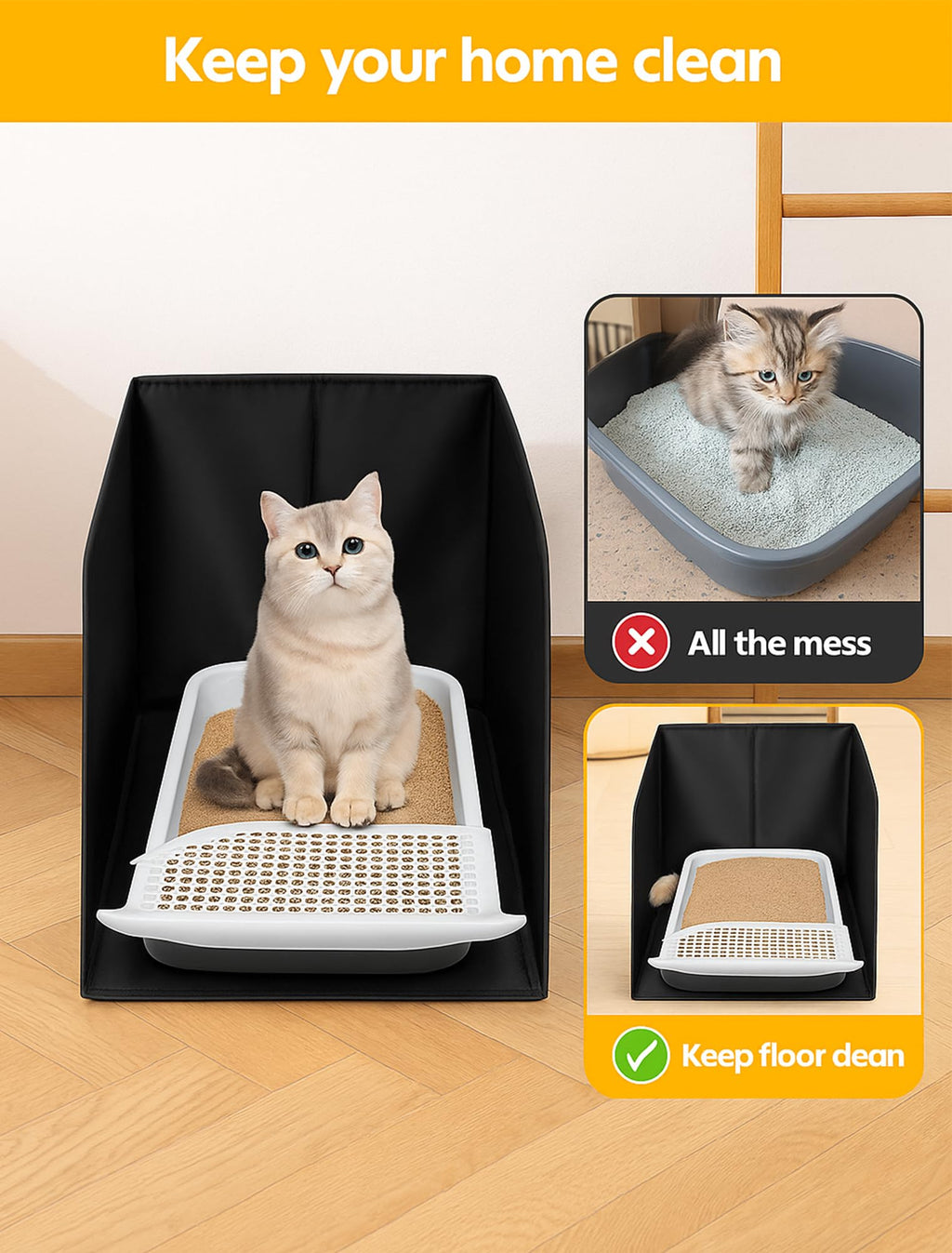 Black Waterproof Cat Litter Box Enclosure with Removable Mat L78912