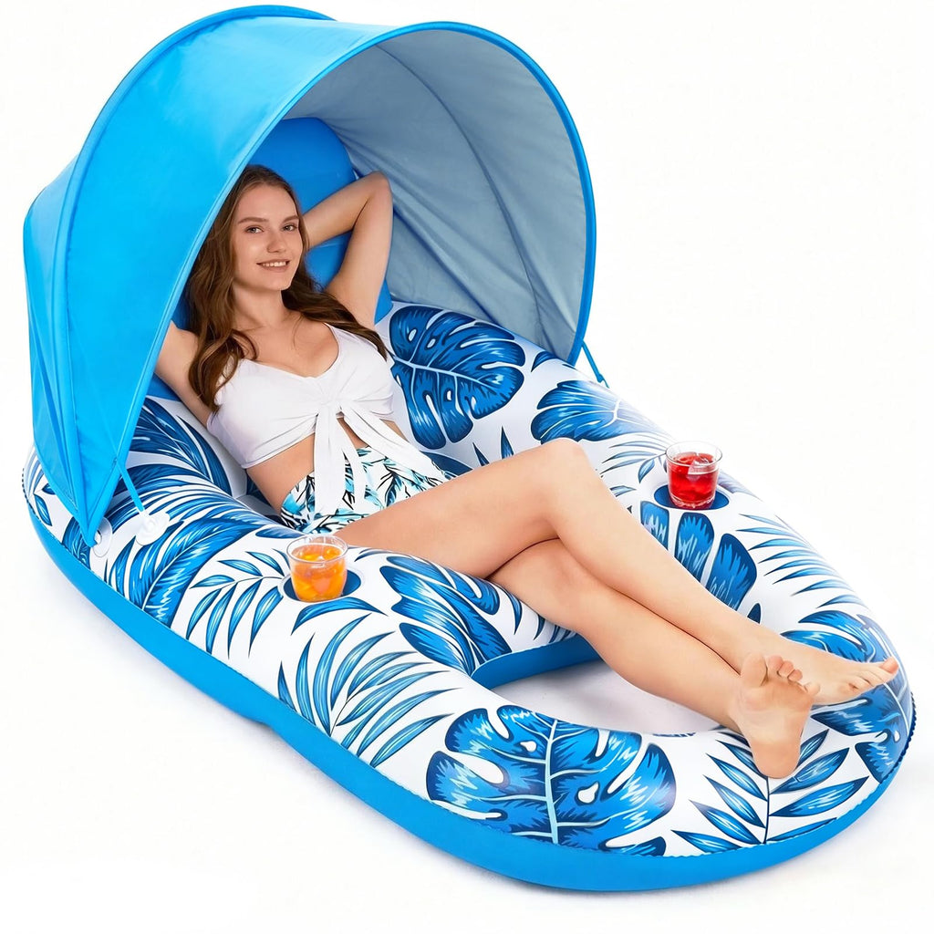 Inflatable Pool Float Lounger with Canopy and Cup Holders S563832