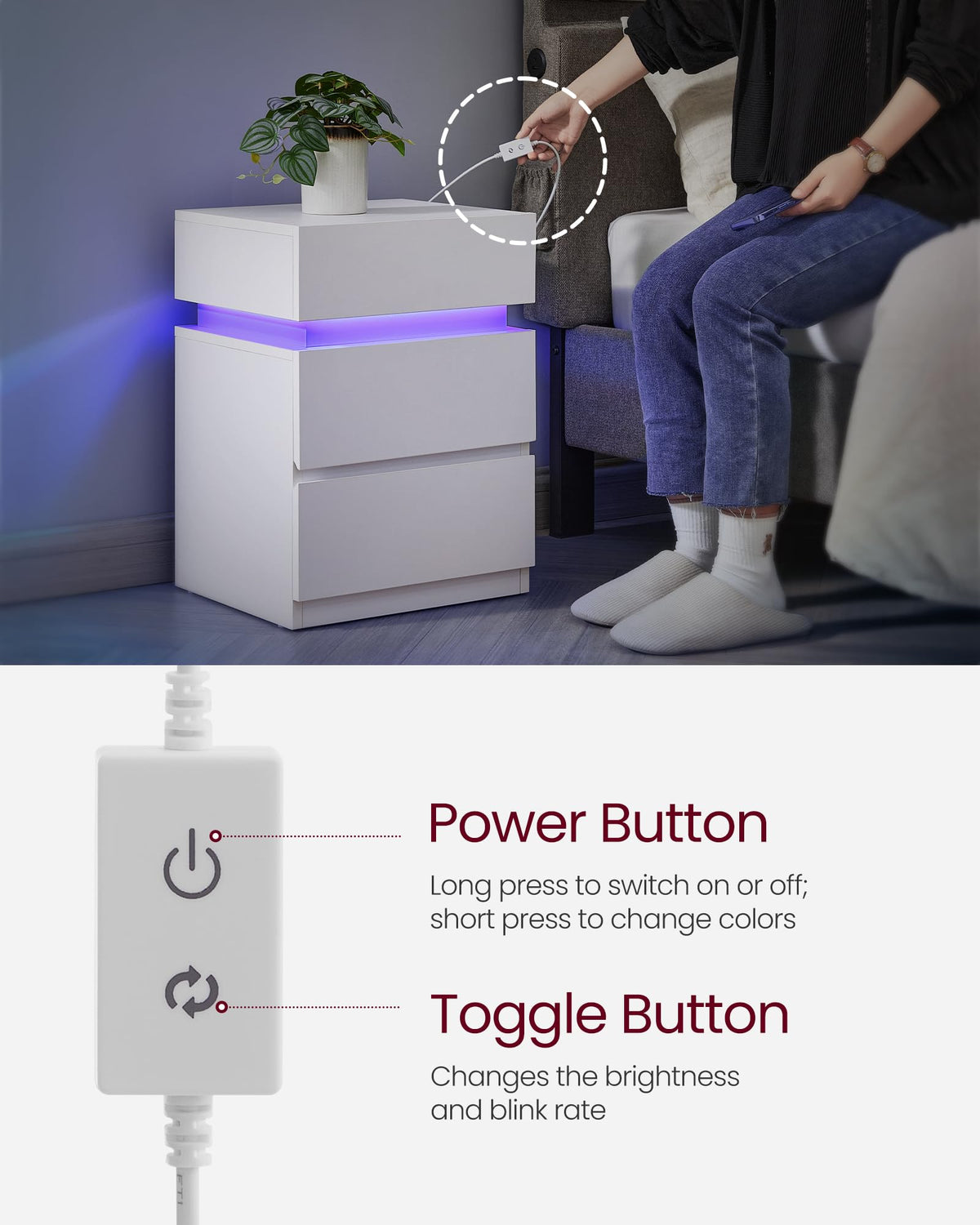 LED Nightstand with Charging Station, 3 Drawers N889624
