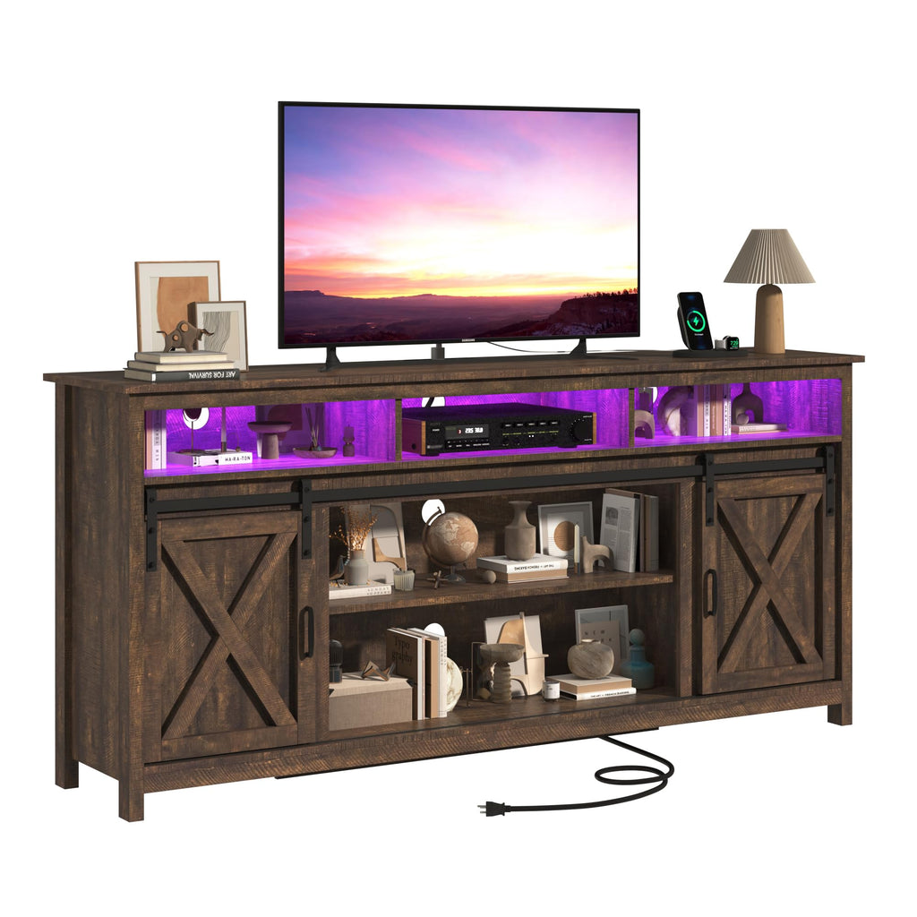 Farmhouse TV Stand with Power Outlet and Sliding Barn Doors A2287