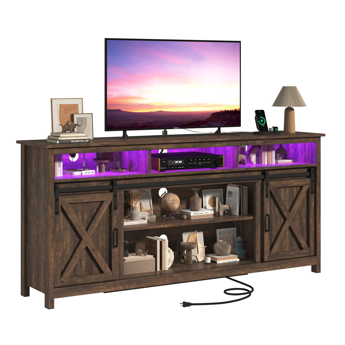 Farmhouse TV Stand with Power Outlet and Sliding Barn Doors A2287