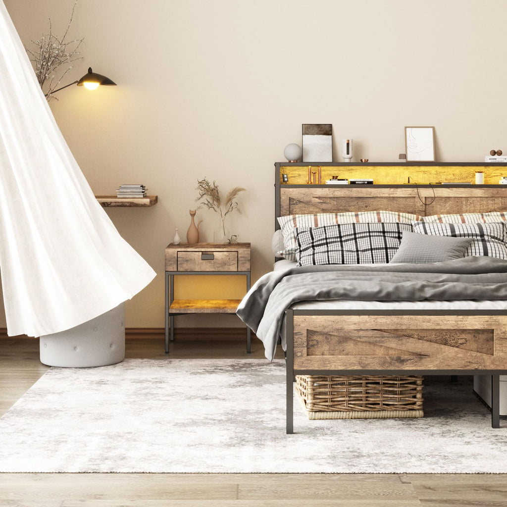 Queen Size LED Metal Platform Bed Frame with Charging Station D9167
