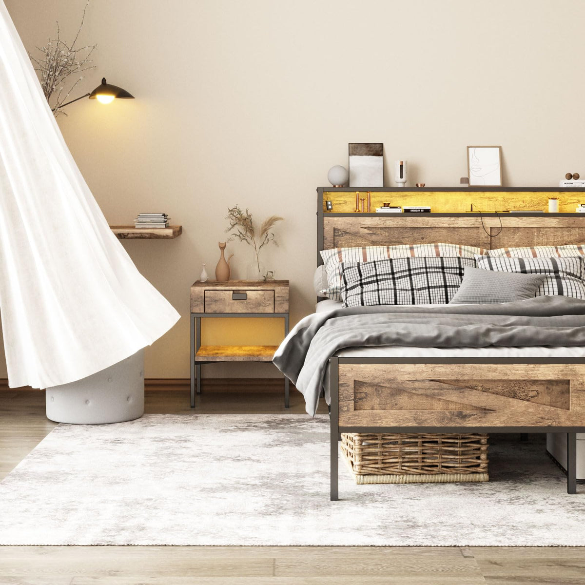 Queen Size LED Metal Platform Bed Frame with Charging Station D9167